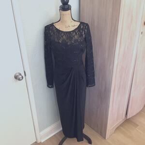 Lauren Ralph Lauren Evening black lace dress ruched midi cocktail wedding sz 8